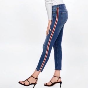 ZARA Red/White Side Stripe Distressed Jeans